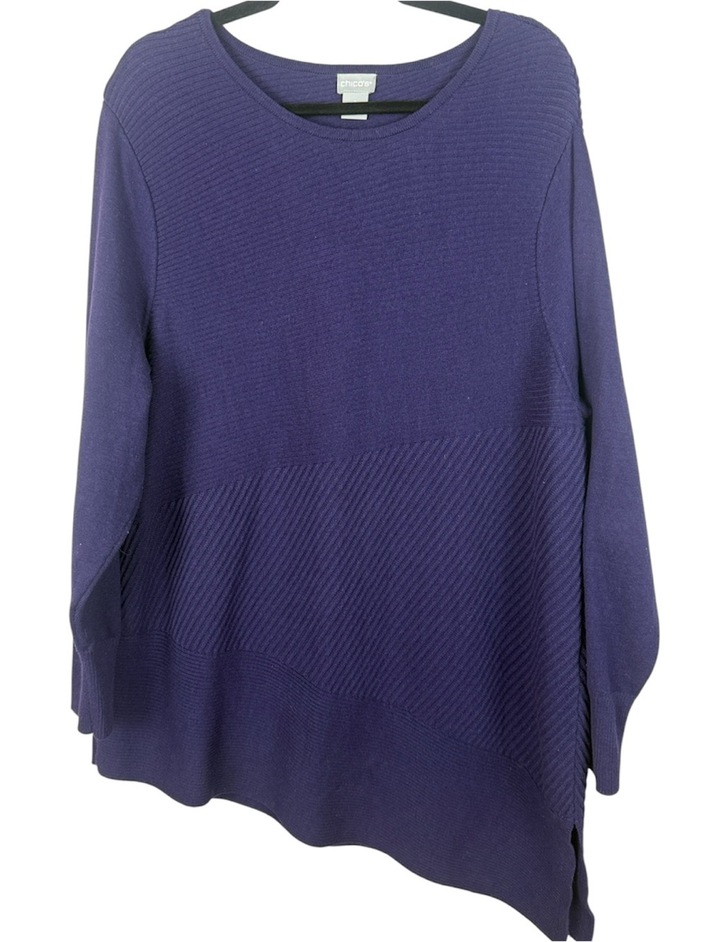 Chico's Asymmetric Ribbed Knit Sweater Purple Size 3 XL Cotton Rayon Slit Hem